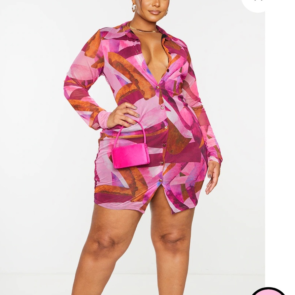 Plt Plus Pink Abstract Mesh Button Down Shirt Dre… - image 3